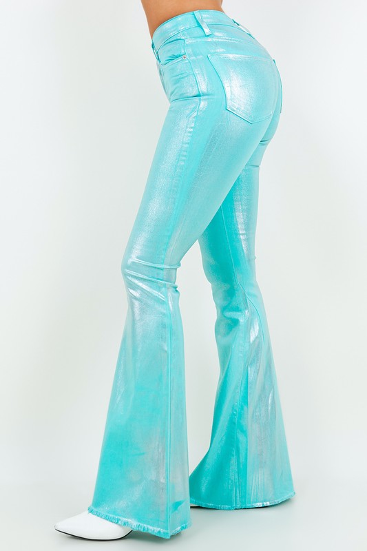 Metallic Turquoise Bell Bottom Jeans -32" Inseam