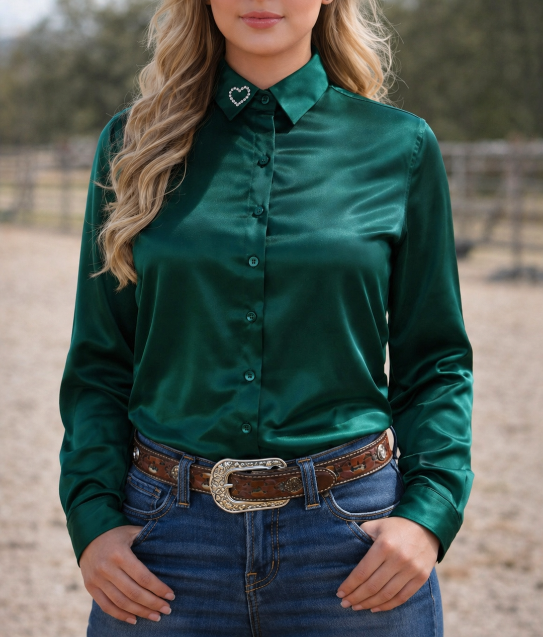 Emerald Crystal Heart Satin Button Up Rodeo Shirt Blouse Neon Spur Emerald Crystal Heart Satin Button Up Rodeo Shirt Blouse Neon Spur