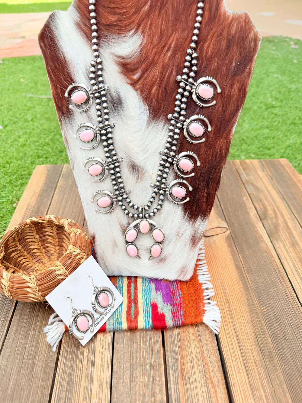 Handcrafted Sterling Silver & Queen Pink Conch Squash Blossom Necklace Set Nizhoni Traders LLC