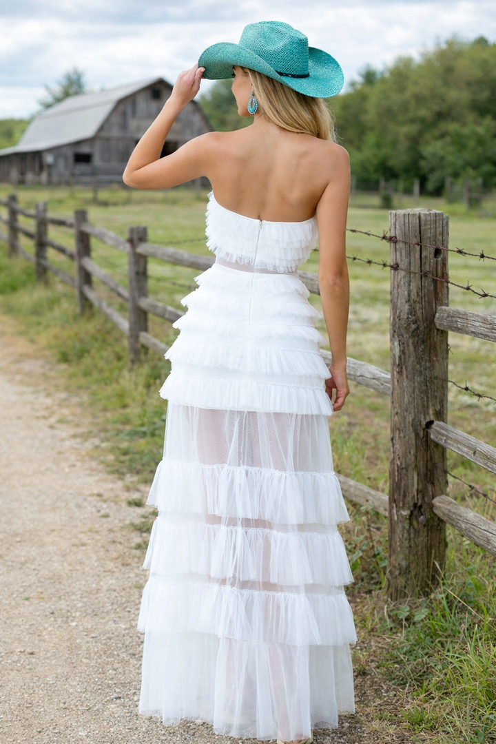 Georgia Maxi Dress - White - Ruffle Tulle Dress With Sheer Detail
