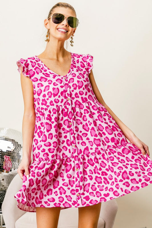 Leopard Cap Sleeve Tiered Mini Dress by BiBi