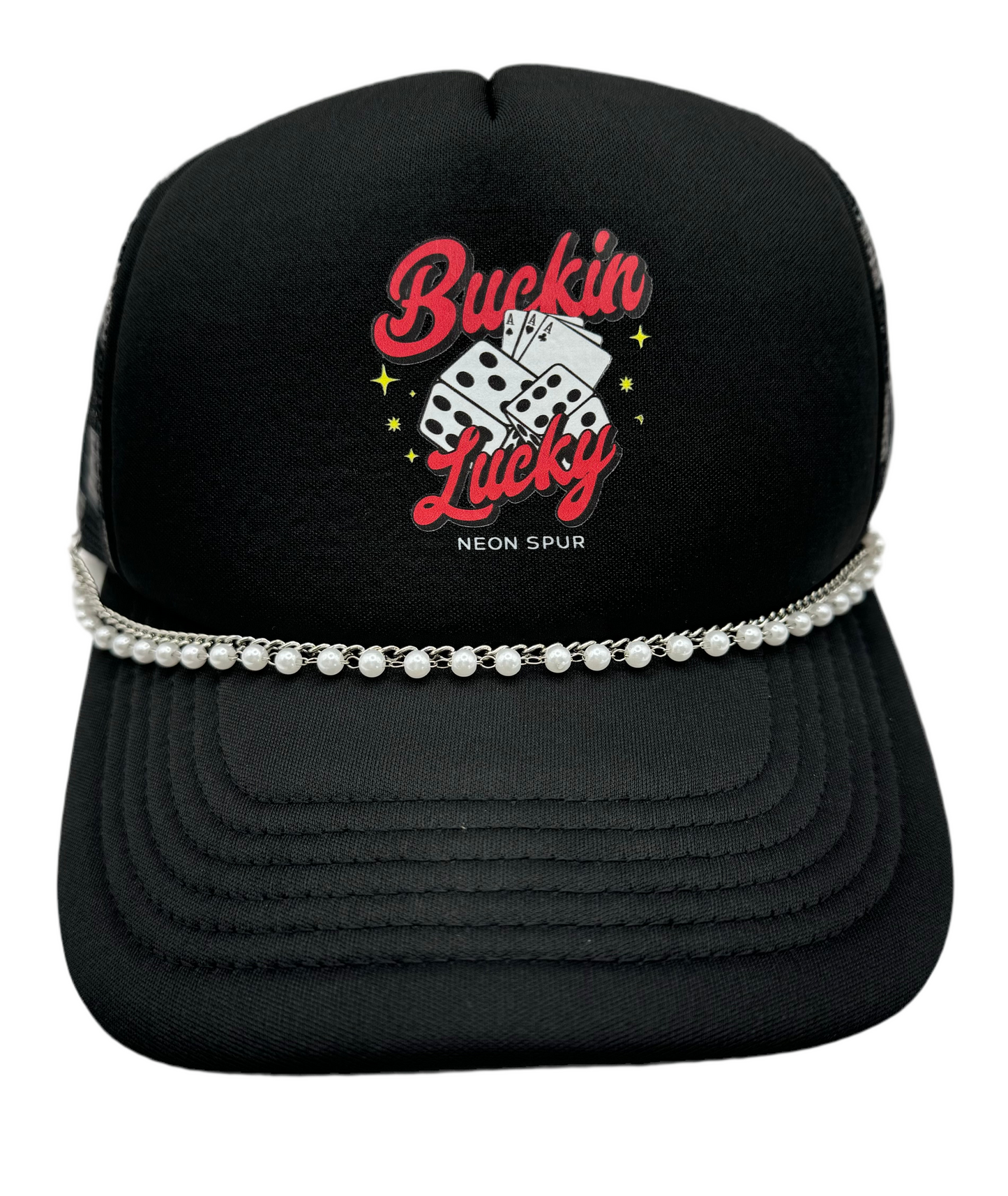 Buckin Lucky Checkered Mesh Trucker Hat w/ Pearl Chain