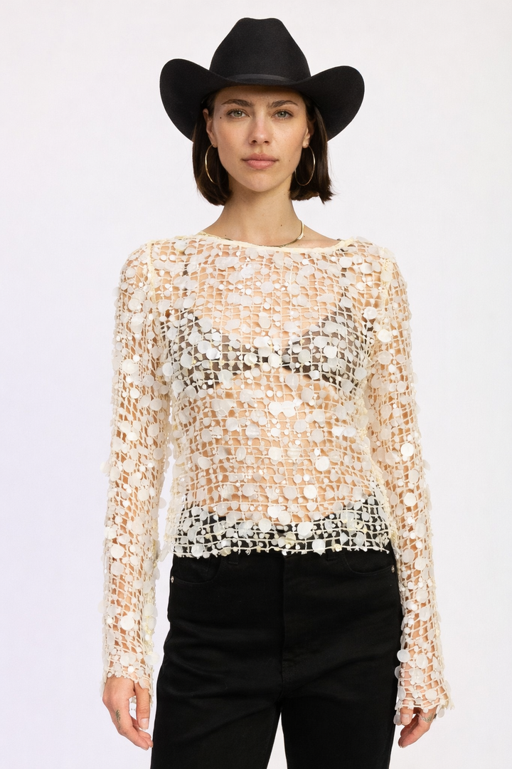 Long Sleeve Sequin Mesh Top