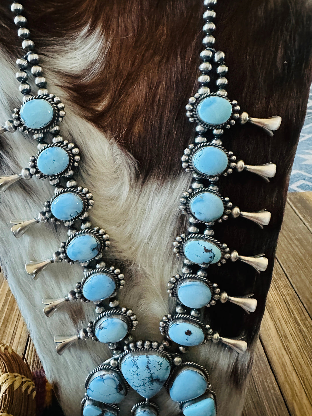 Handcrafted Golden Hills Turquoise & Sterling Silver Squash Blossom Necklace and Earring Set by Mary Ann Spencer