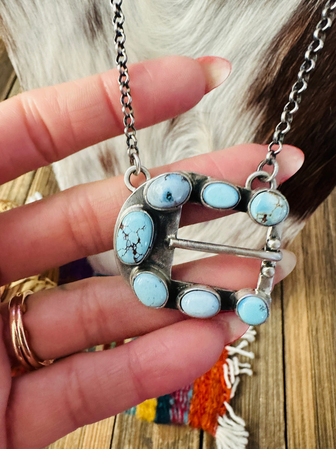 Handcrafted Golden Hills Turquoise & Sterling Silver Belt Buckle Necklace by Russell Sam