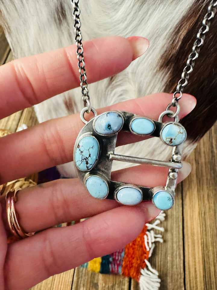 Handcrafted Golden Hills Turquoise & Sterling Silver Belt Buckle Necklace by Russell Sam