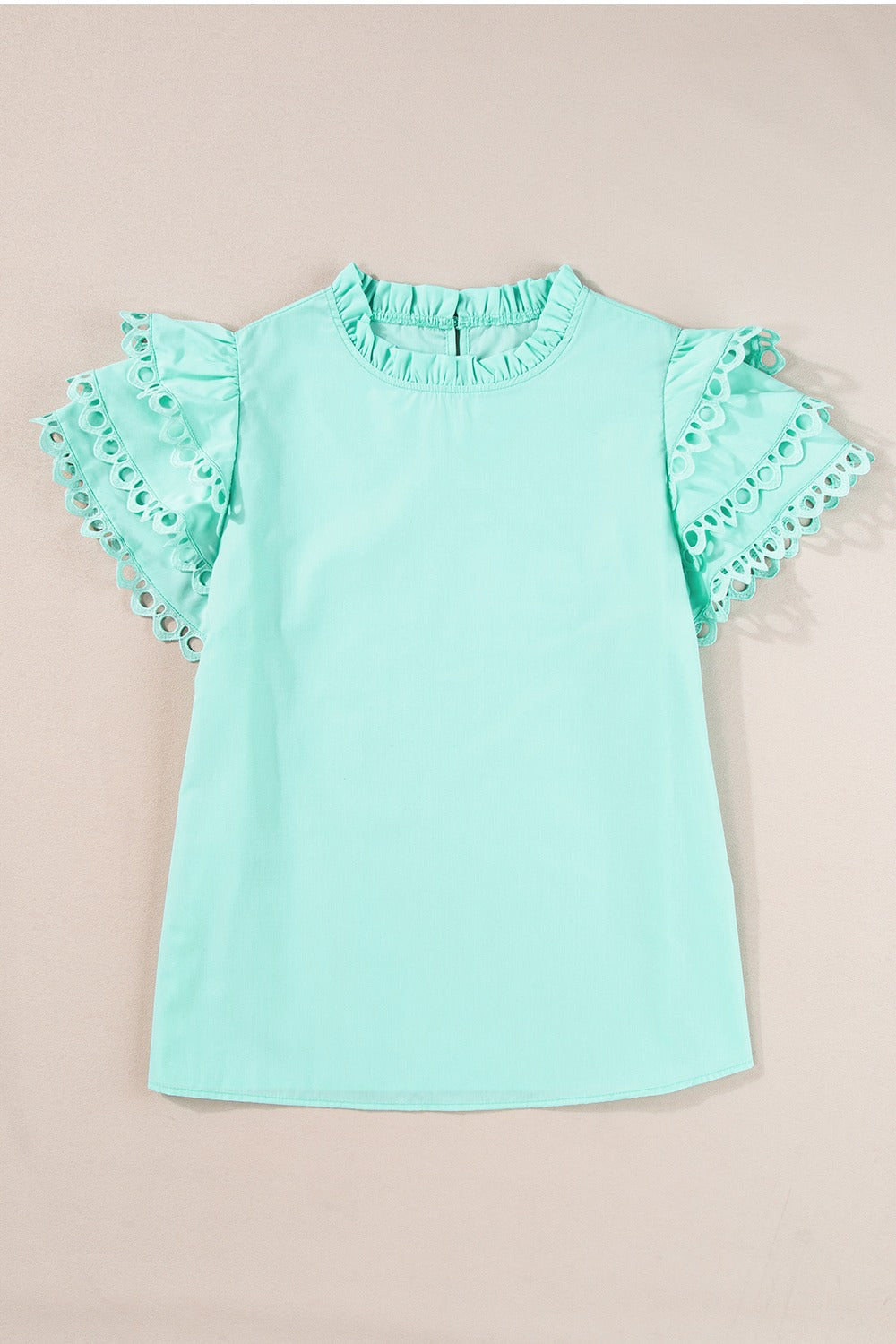 Ruffled Eyelet High Neck Cap Sleeve Blouse