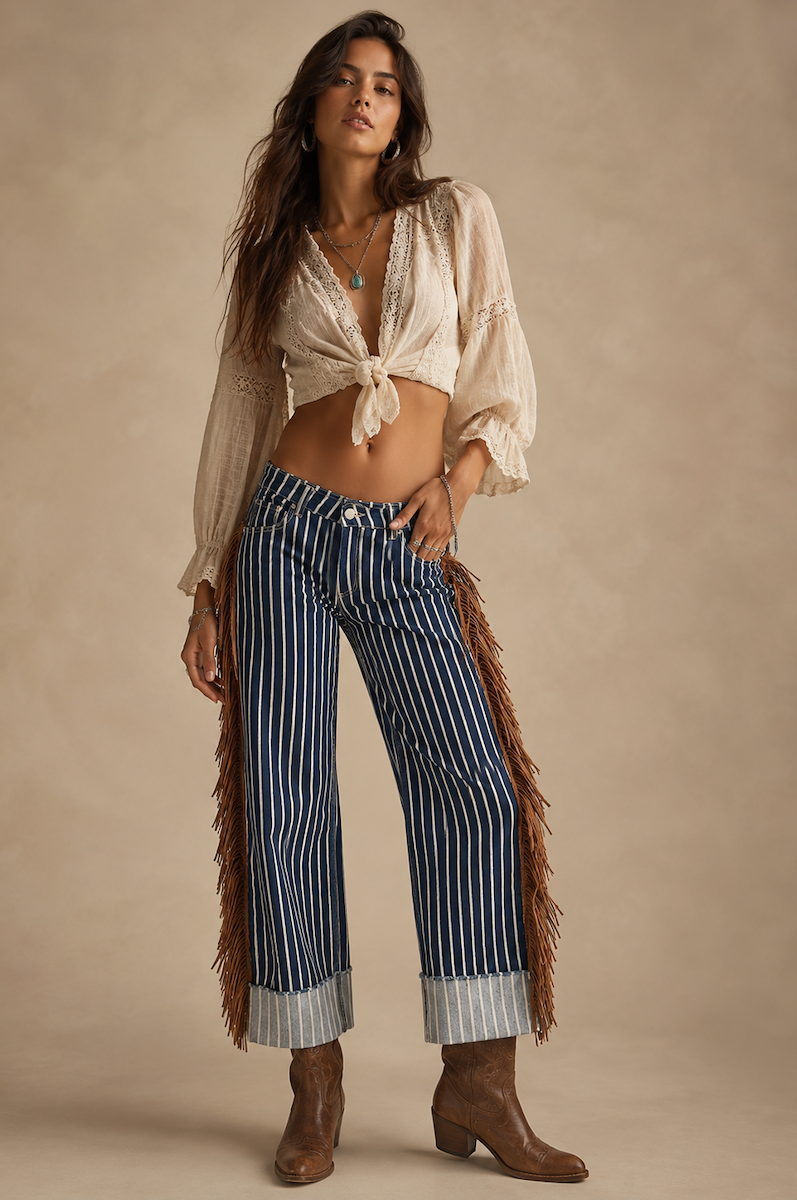Whiskey Trail Striped Fringe Wide Leg Cuffed Jeans -Dark Wash GJG DENIM