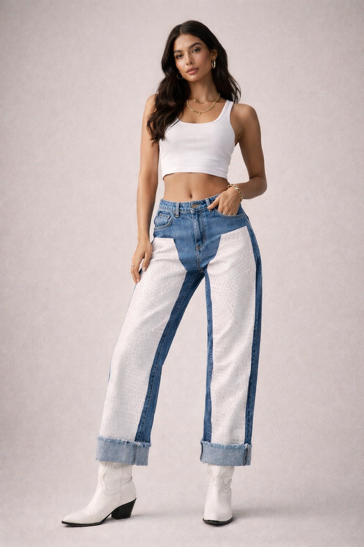 Low Rise Cuffed Jeans with Pink Vinyl Croc Panels GJG DENIM
