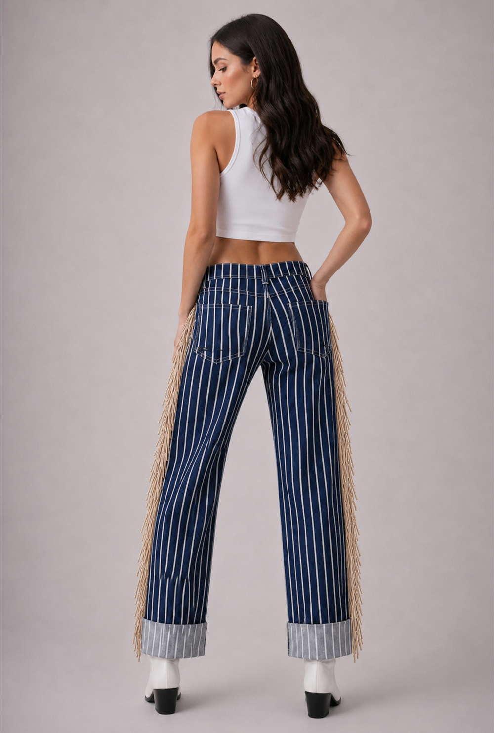 Desert Drifter Striped Wide Leg Cuffed Fringe Denim Jeans Neon Spur