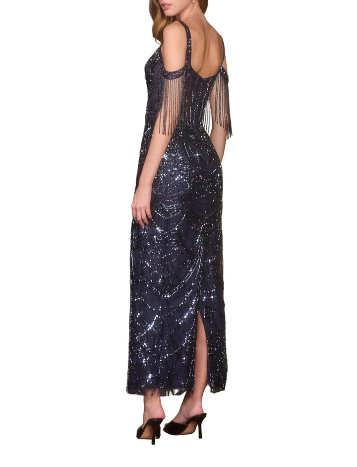 Andrea & Leo A1511 Fitted Column Dress Cold Shoulder Straps Sequin Motifs DiscountDressShop
