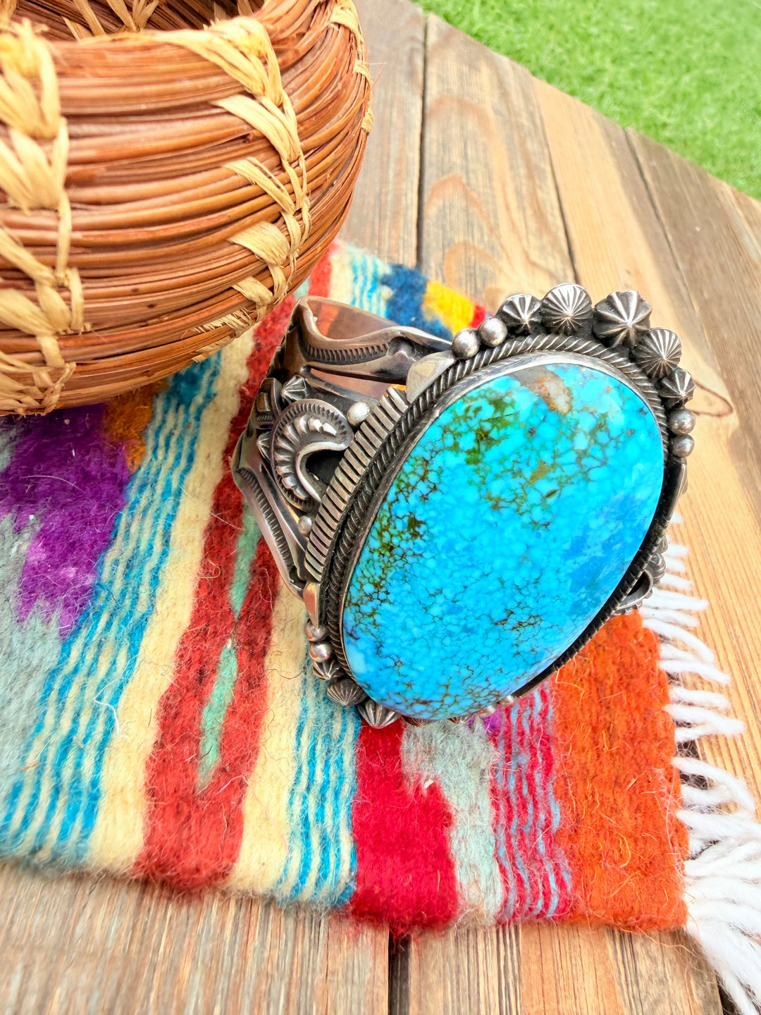 Handcrafted Kingman Web Turquoise & Sterling Silver Cuff Bracelet By Aaron Toadlena