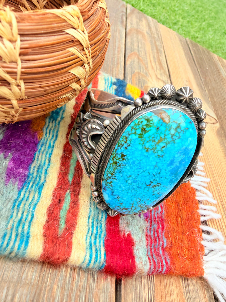 Handcrafted Kingman Web Turquoise & Sterling Silver Cuff Bracelet By Aaron Toadlena