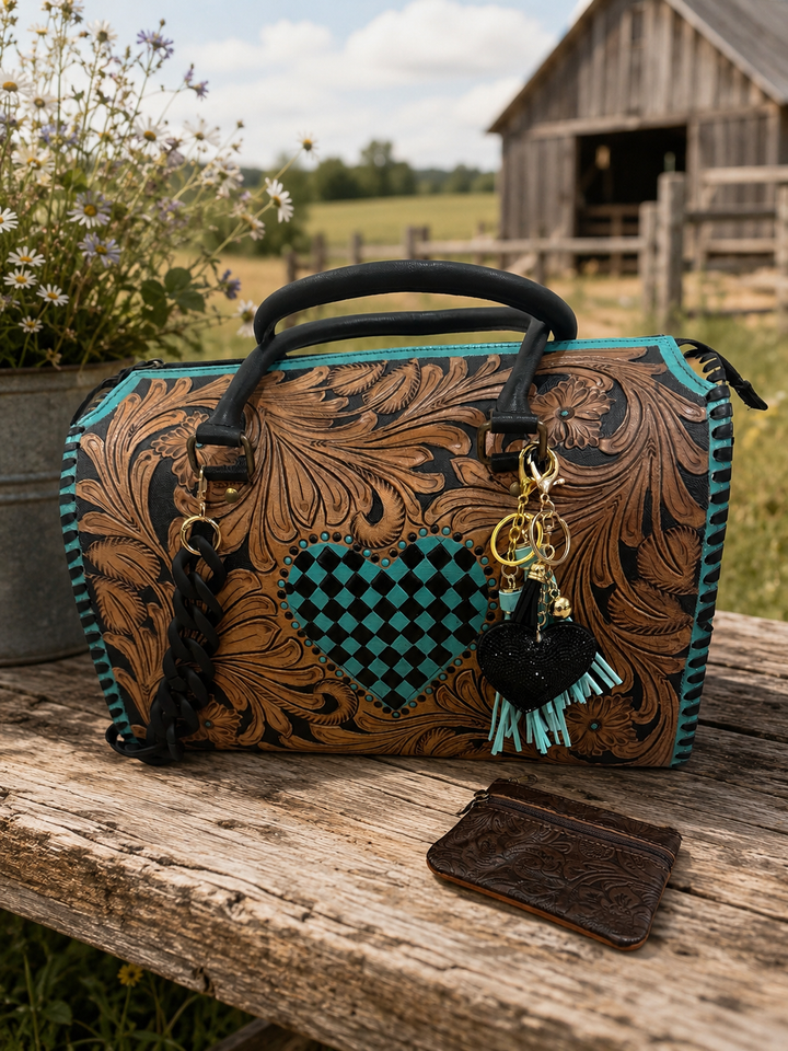 Tooled Leather Turquoise Black Checkered Heart Speedy Bag Neon Spur