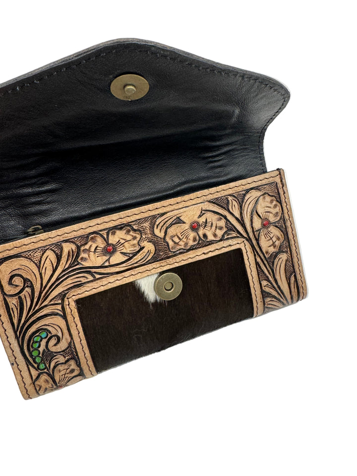Tooled Leather Feather Detail Hair On Hide Wallet