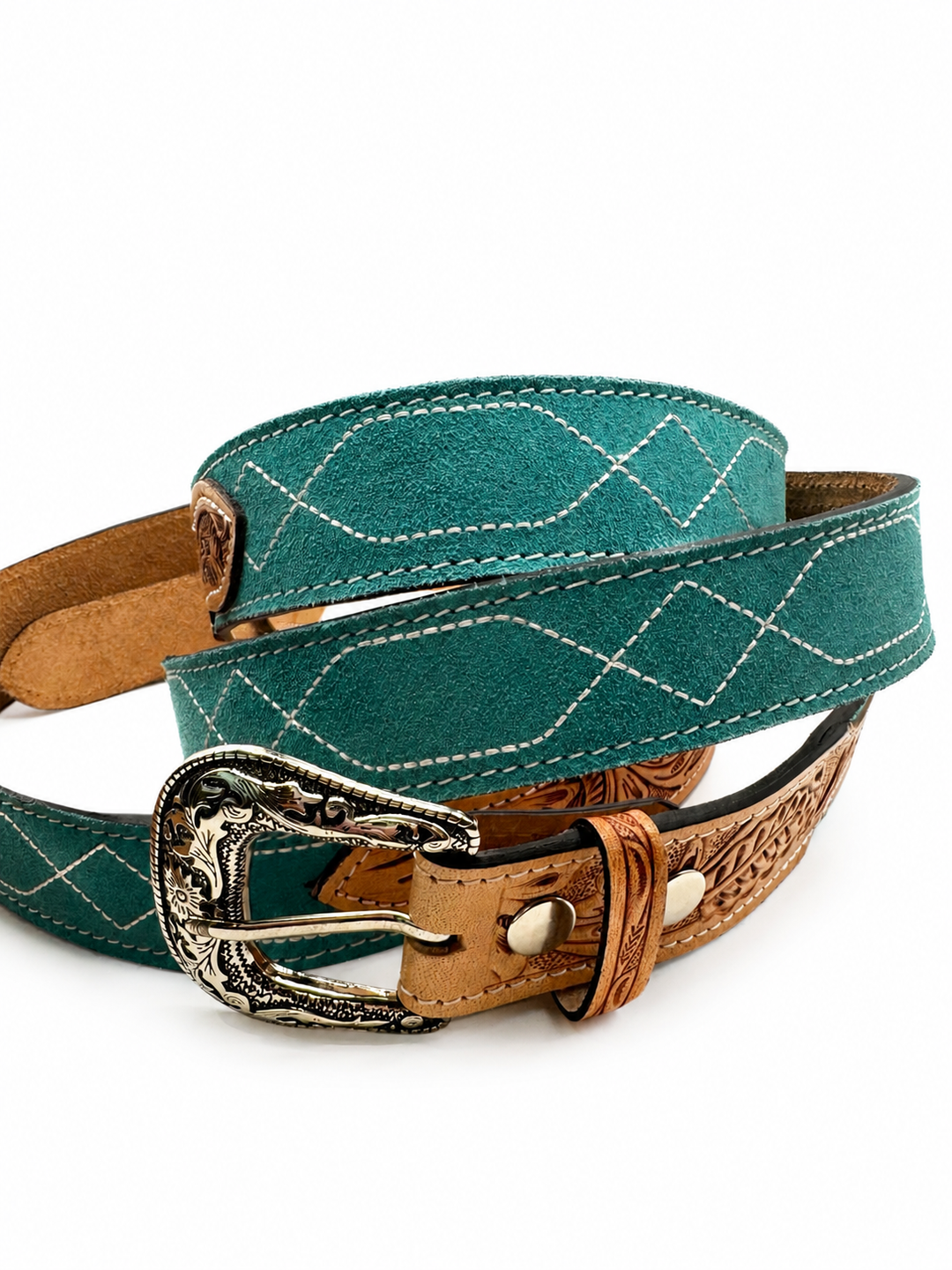 Western Stitch Genuine Suede & Hand Tooled Leather Belt -Turquoise Neon Spur