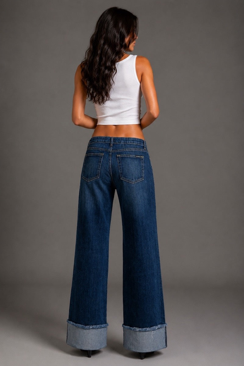 Dakota Drift Low Rise Dark Wash Wide Leg Cuffed Jeans GJG DENIM