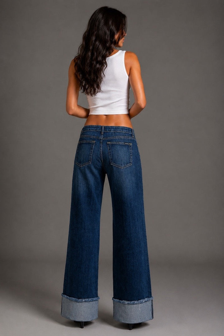Dakota Drift Low Rise Dark Wash Wide Leg Cuffed Jeans GJG DENIM