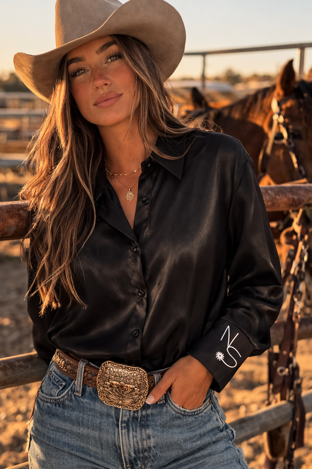 Neon Spur Embroidered Logo Satin Button Up Rodeo Shirt -Black