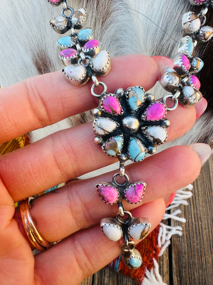 Handcrafted Cotton Candy Turquoise & Sterling Silver Flower Cluster Necklace by Pearlene Spencer