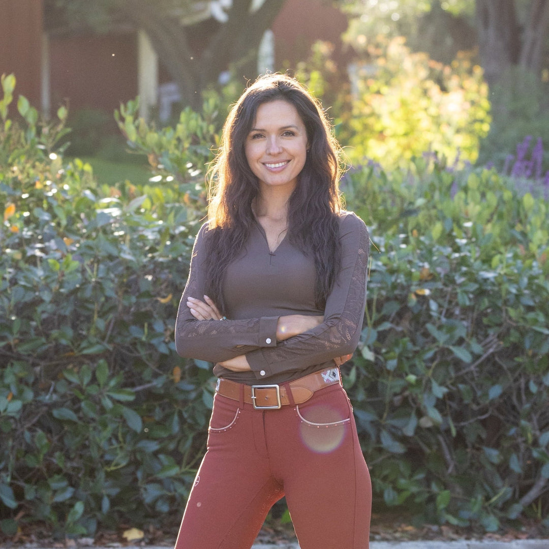 Halter Ego Maia Long Sleeve Lace Training Shirt - Chocolate Brown