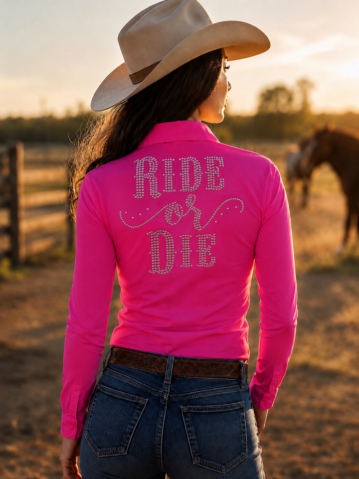 Ride Or Die Rhinestone Button Up 4 Way Stretch Rodeo Shirt - Fuchsia