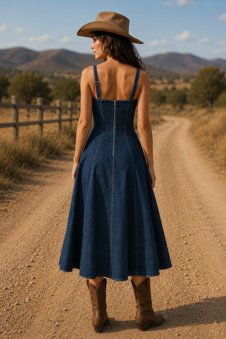 Western Charm Denim Midi Dress Flying Tomato