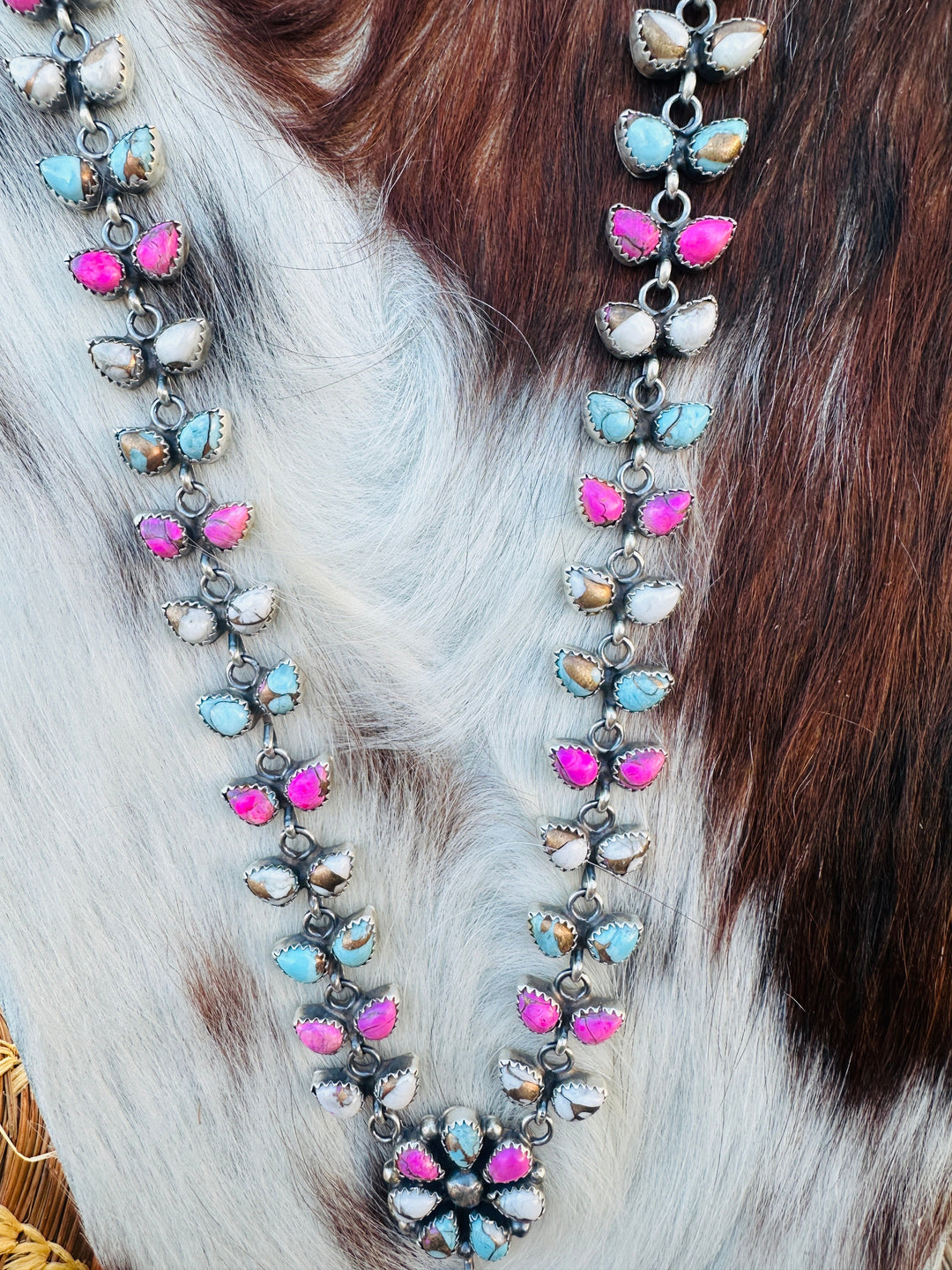 Handcrafted Cotton Candy Turquoise & Sterling Silver Flower Cluster Necklace by Pearlene Spencer