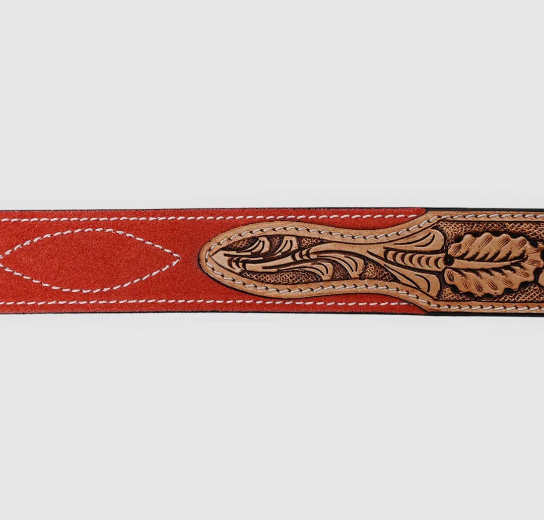 Western Stitch Genuine Suede & Hand Tooled Leather Belt -Red