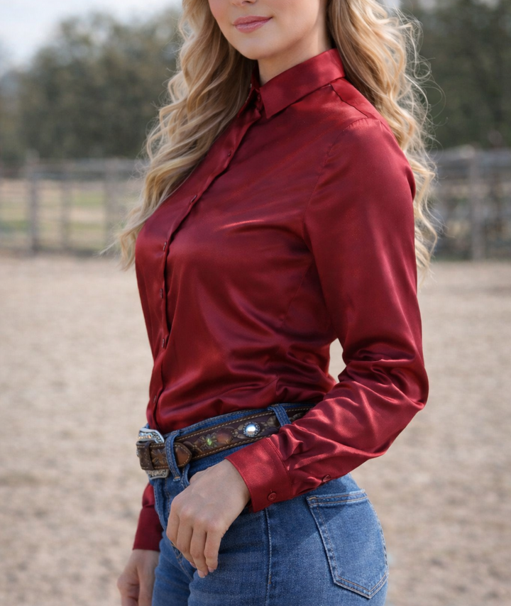 Scarlet Crystal Heart Satin Button Up Rodeo Shirt