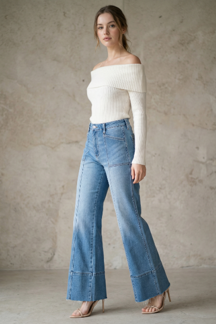 Tummy Control Eco Friendly Fabric Slim Palazzo Jeans (Medium Wash)