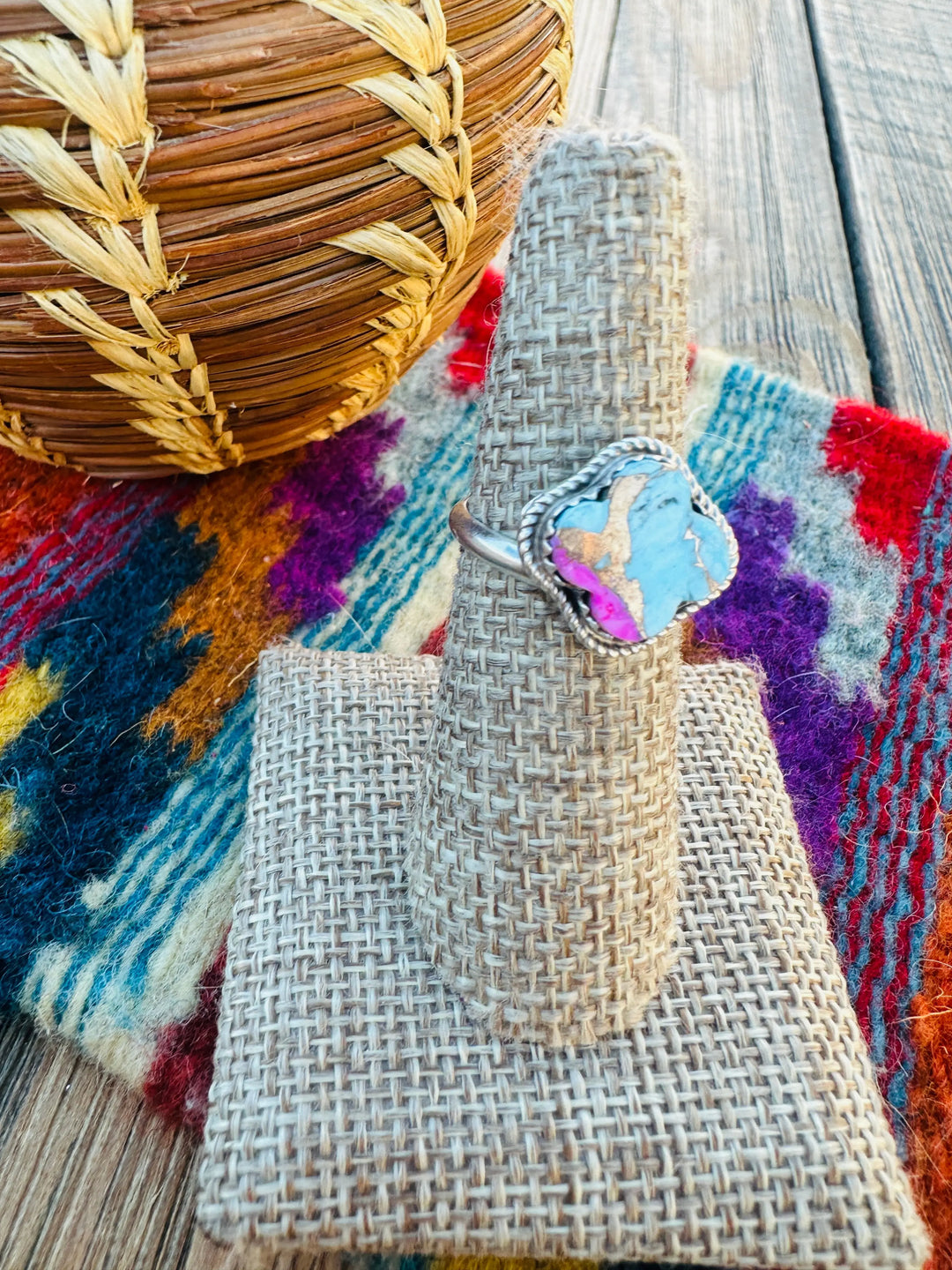 Handcrafted Sterling Silver & Cotton Candy Turquoise Adjustable Ring Nizhoni Traders LLC
