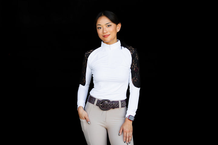 White & Black Lace Long Sleeve Zip Front Riding Shirt