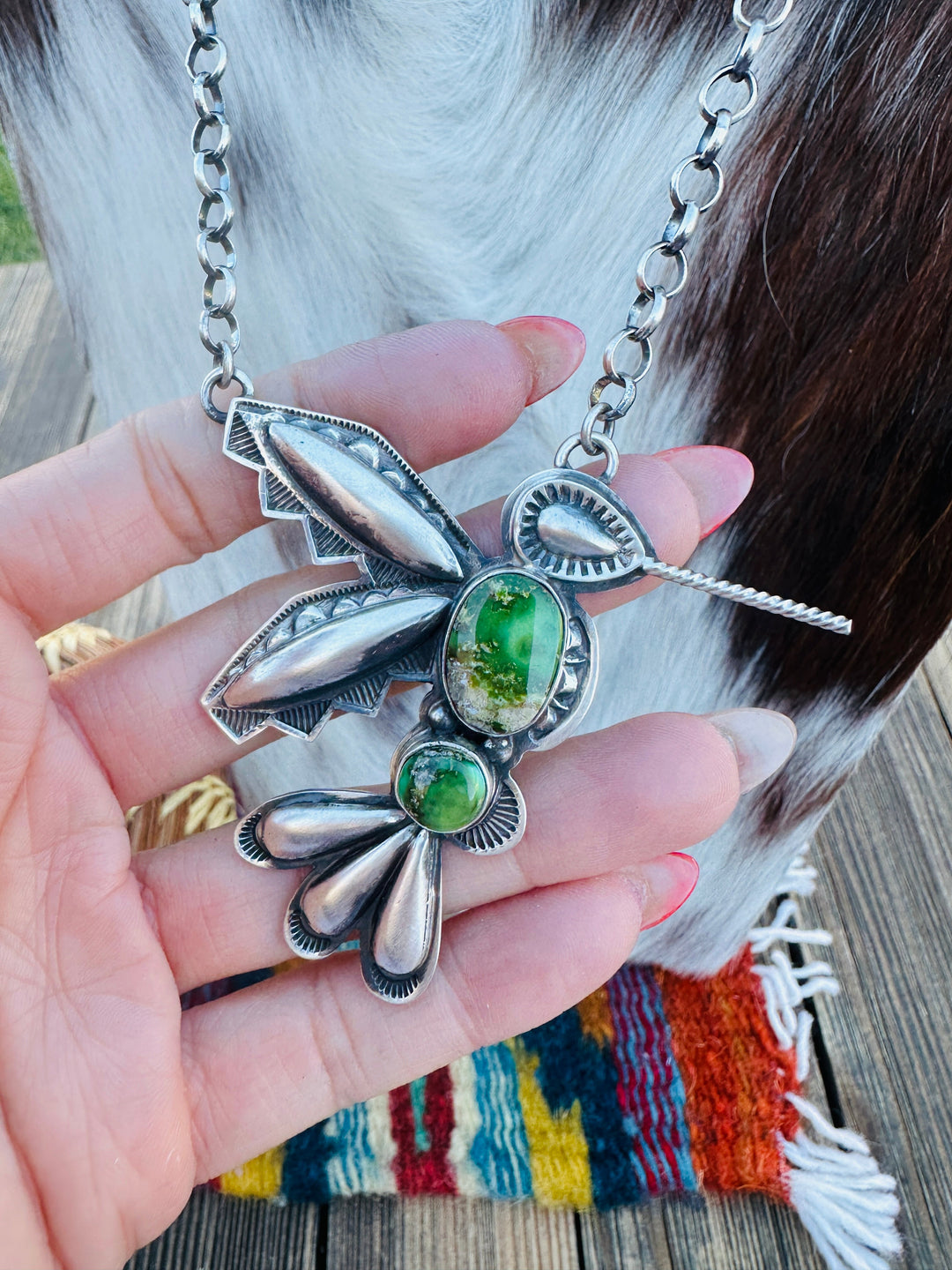 Handcrafted Sonoran Gold Turquoise & Sterling Silver Hummingbird Necklace by Charles Johnson