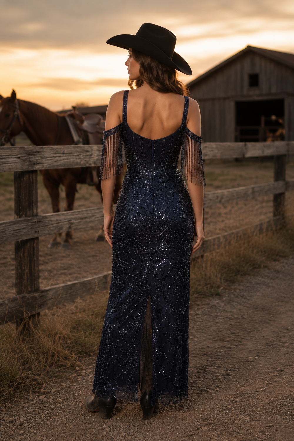 Andrea & Leo A1511 Fitted Column Dress Cold Shoulder Straps Sequin Motifs DiscountDressShop