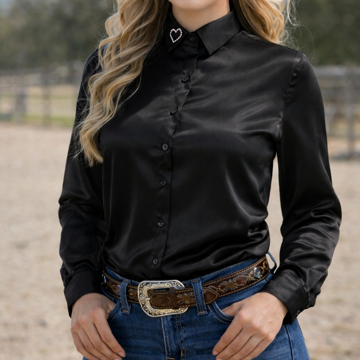 Noire Crystal Heart Satin Button Up Rodeo Shirt