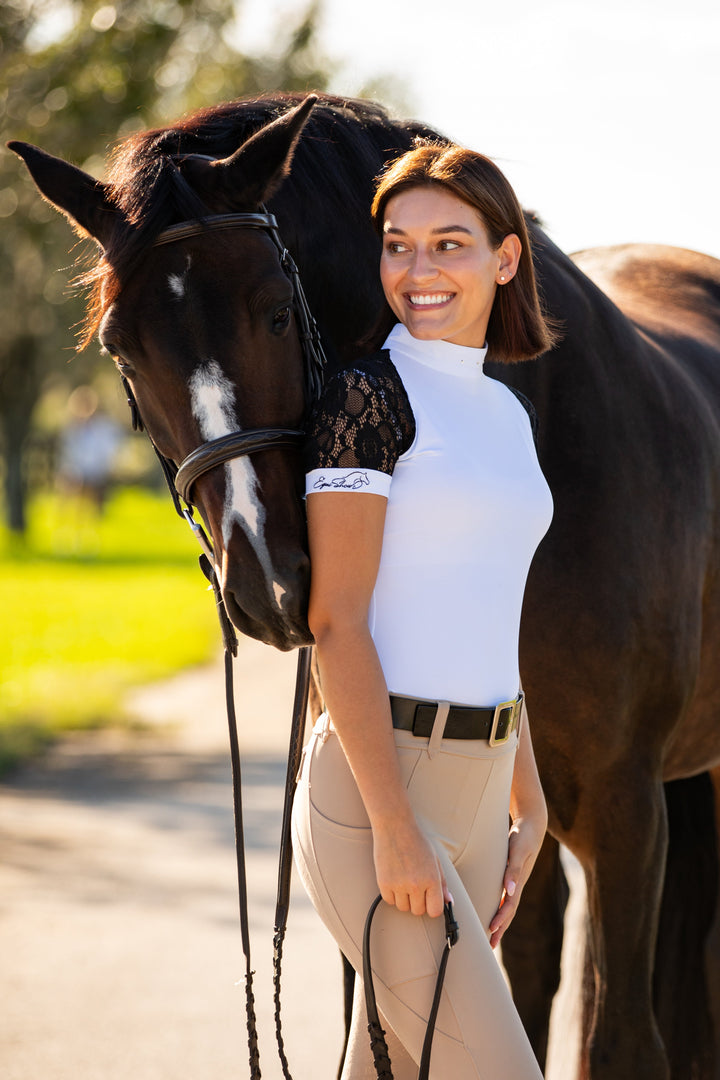 Short Sleeve Lace Riding Shirt -White/Black