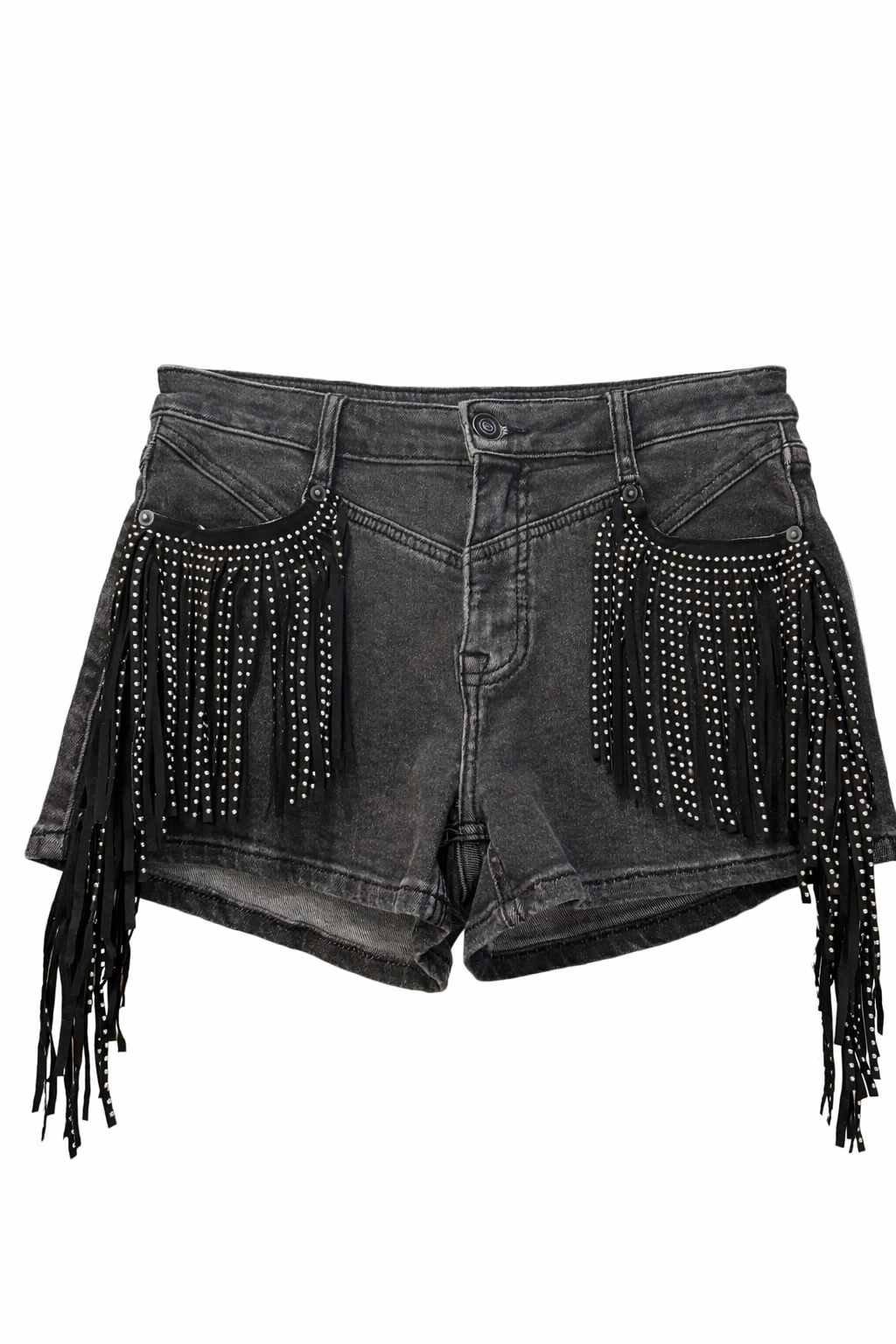 Rock & Roll Denim Stud Fringe Black Denim Shorts