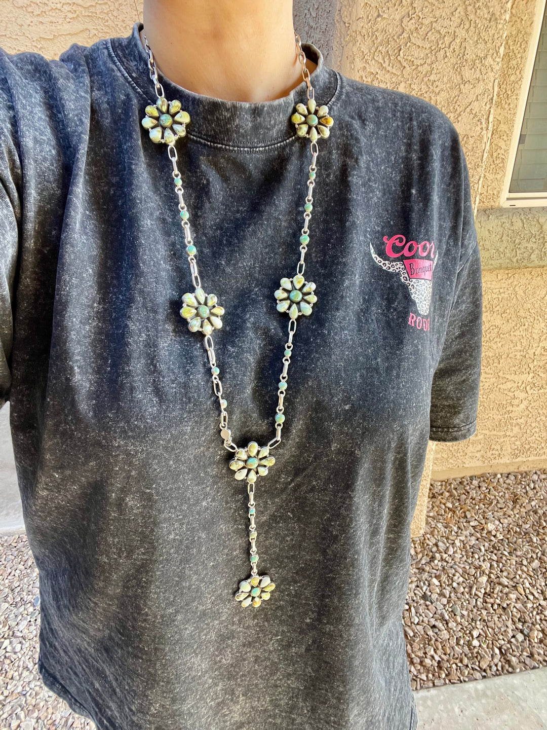 Handmade Sterling Silver & Palomino And Kingman Turquoise Cluster Lariat Necklace