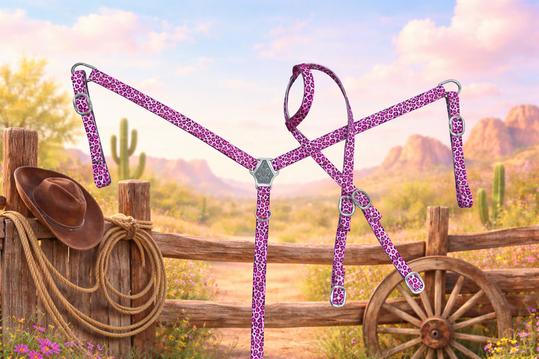 Catty Cowgirl Nylon One Ear Headstall & Breast Collar Tack Set Neon Spur