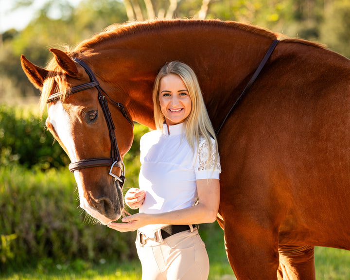 Short Sleeve Quarter Zip Lace Riding Shirt- White