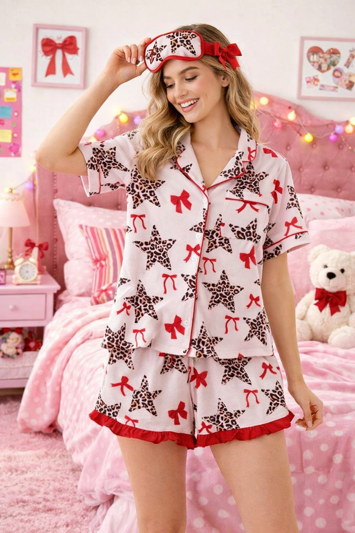 Leopard Star Bow Tie Top and Short Pajama Set