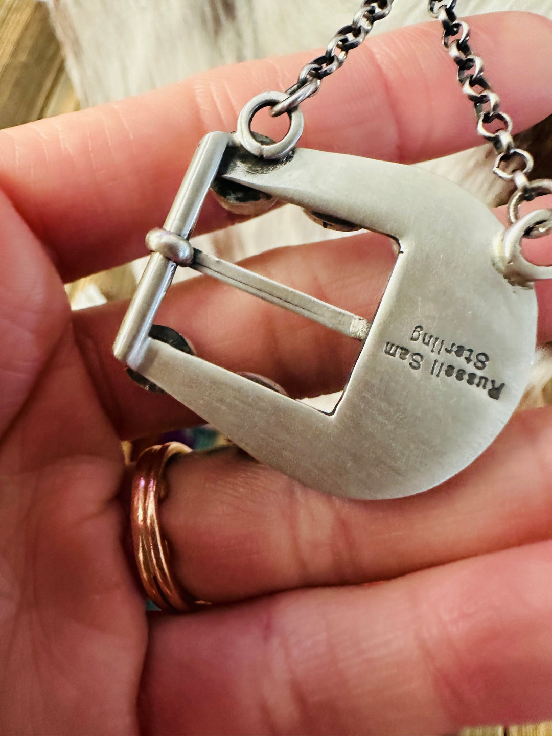 Handcrafted Golden Hills Turquoise & Sterling Silver Belt Buckle Necklace by Russell Sam