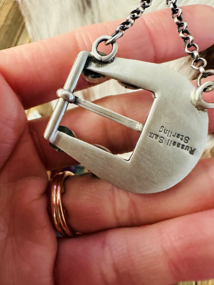 Handcrafted Golden Hills Turquoise & Sterling Silver Belt Buckle Necklace by Russell Sam