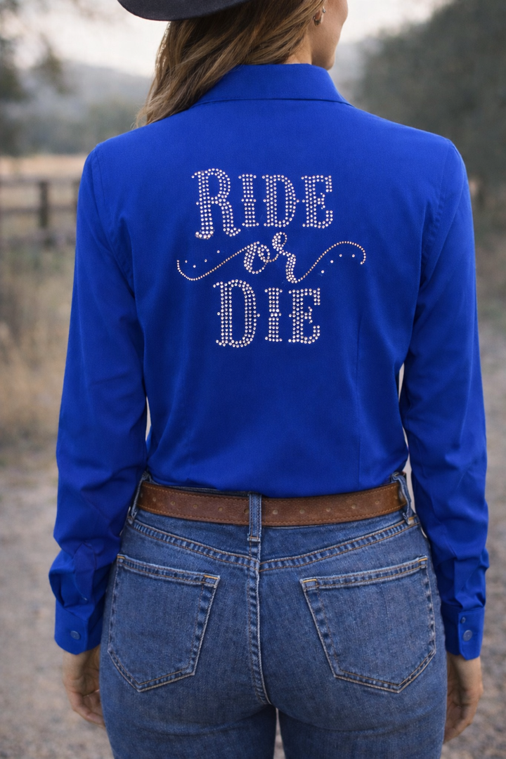 Ride Or Die Rhinestone Button Up 4 Way Stretch Rodeo Shirt -Royal Blue