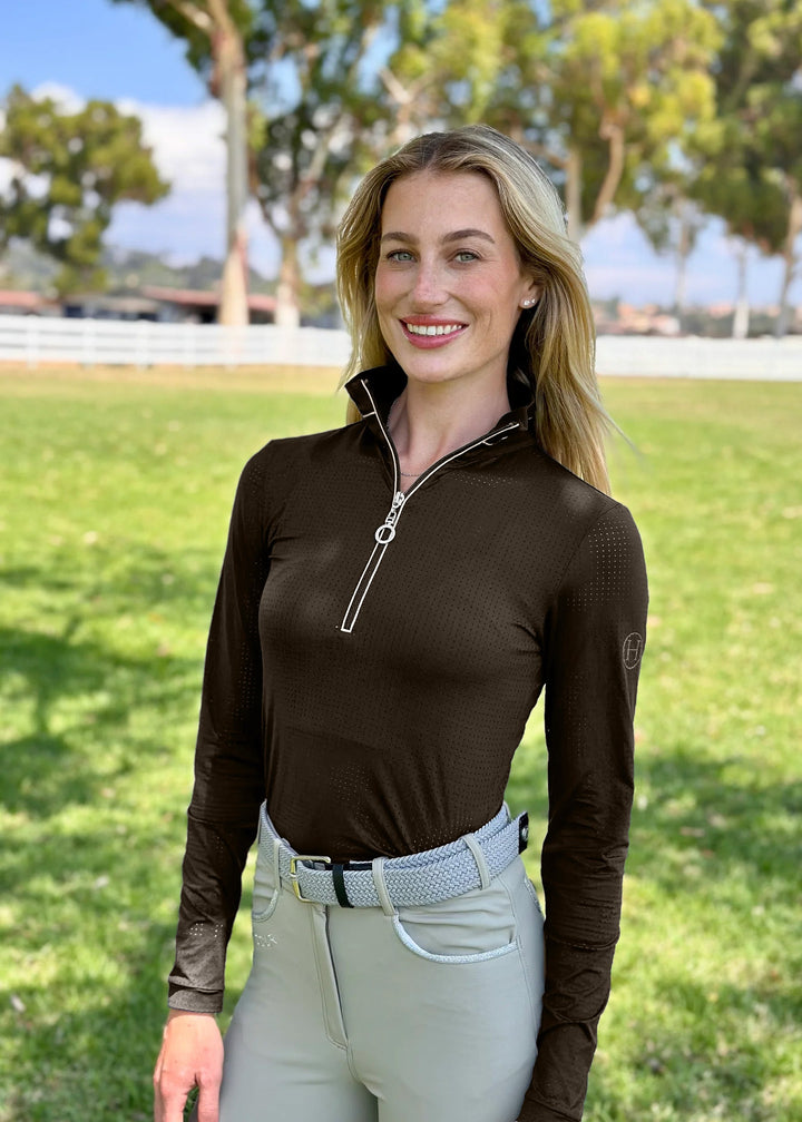 Breezi Womens Perforated Zip Up Long Sleeve Technical Riding Shirt