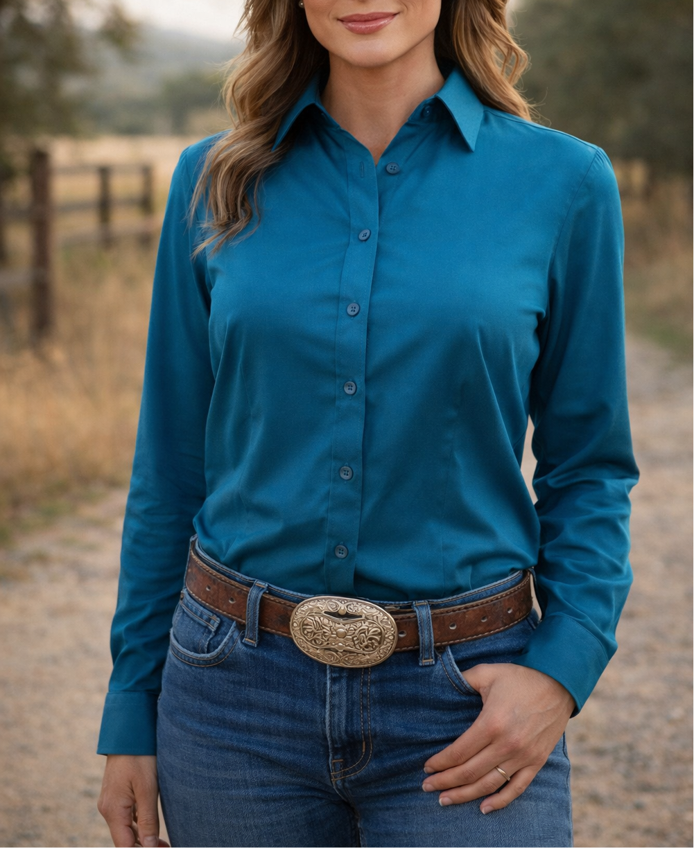 Ride Or Die Rhinestone Cotton Blend Button Up Rodeo Shirt -Peacock Blue