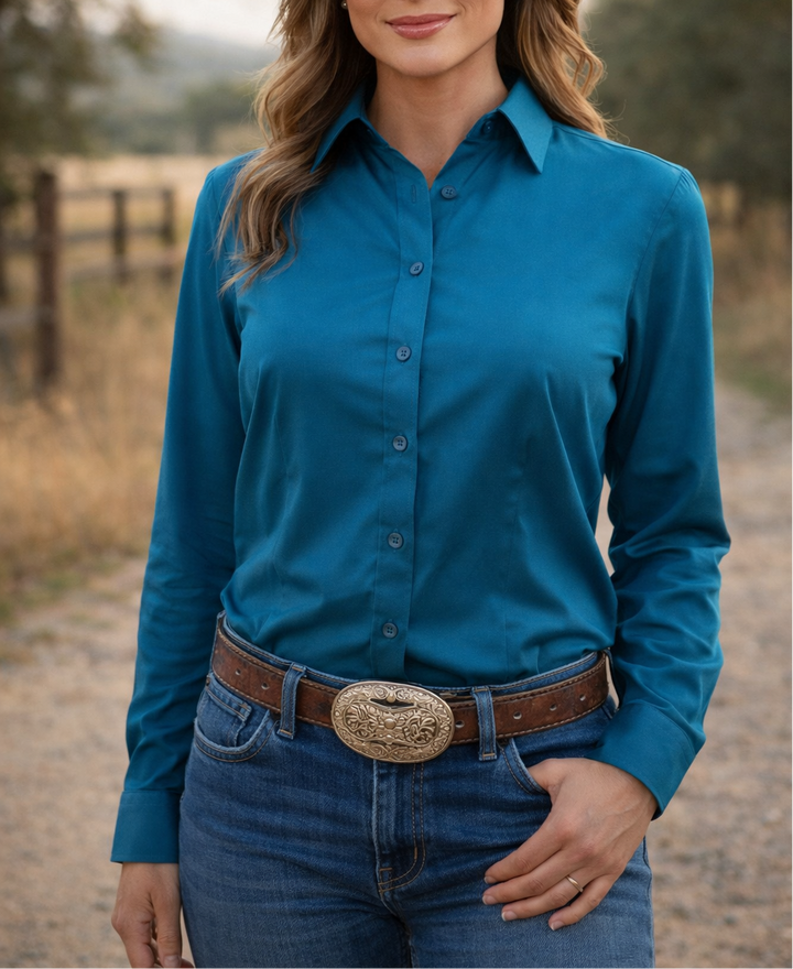 Ride Or Die Rhinestone Cotton Blend Button Up Rodeo Shirt -Peacock Blue