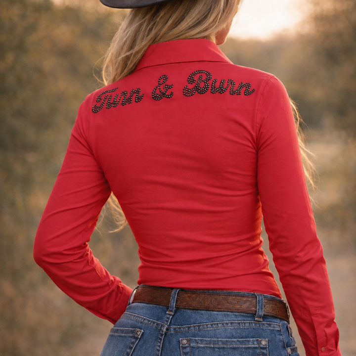 Turn & Burn Black Crystal Rhinestone Button Up 4 Way Stretch Rodeo Shirt - Red Neon Spur