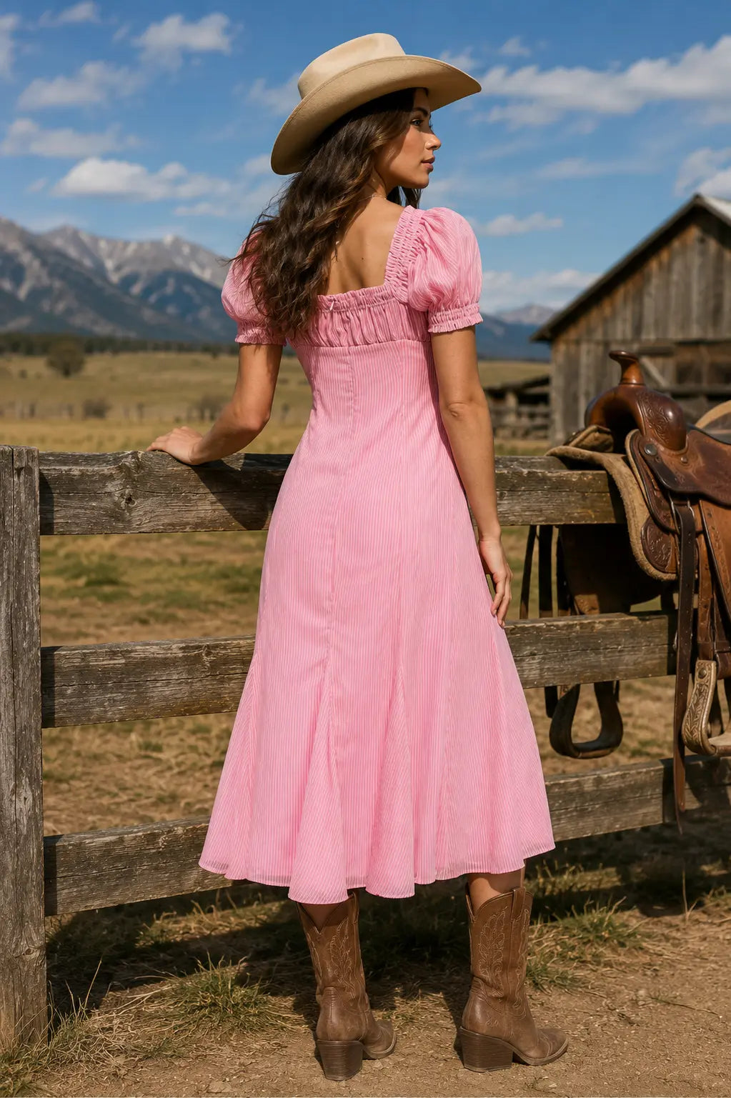 Pink Prairie Daydream Ruffle Godet Midi Dress